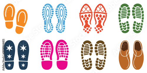 Colorful barefoot prints and shoe sole imprint icon set, various human locomotion trace patterns on white background, footprint and step mark collection, clean modern vector illustration.
