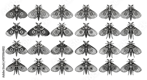 Vintage moth collection, 24 mystical butterfly and moth vector icons, black and white celestial insect illustrations for occult and nature design