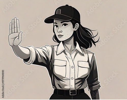 Young Woman Wearing Cap and Suspenders Holding Hand Up.