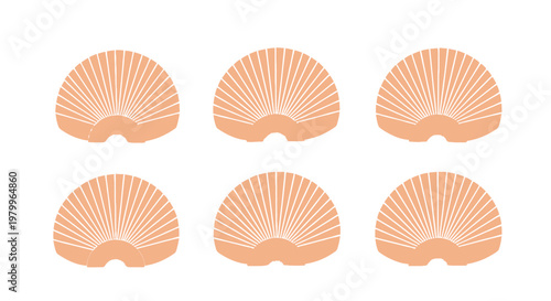 Minimalist seashell vector set, 6 peach scallop shell icons, elegant coastal design elements for summer branding and beach wedding stationery