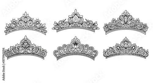 Elegant tiara vector set with 6 royal crown icons, ornate bridal headpiece illustrations, black and white filigree jewelry designs for wedding decor