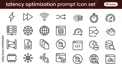 Latency optimization prompt outline icon set with performance monitoring network speed tuning symbols for dashboards apps presentations web interface technology systems