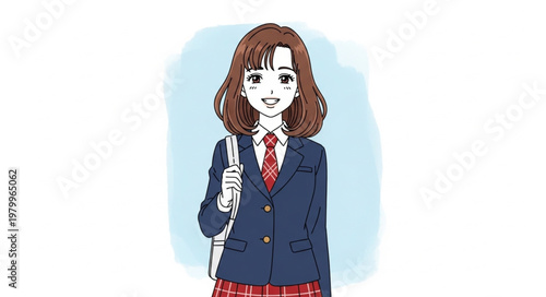 Illustration of a young Japanese schoolgirl in uniform with a backpack.