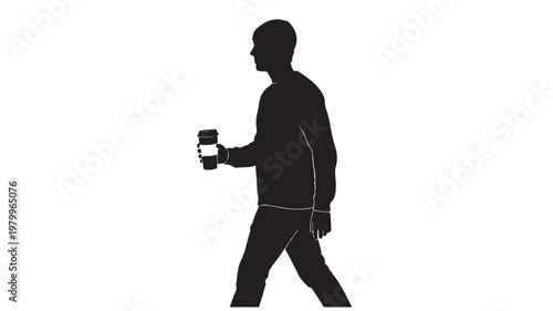 Man walking with coffee cup silhouette, daily routine lifestyle