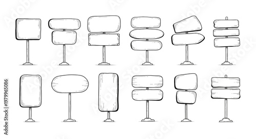 Hand drawn road sign collection, 12 sketch style wooden signposts and directional boards, rustic blank billboard vector set for navigation