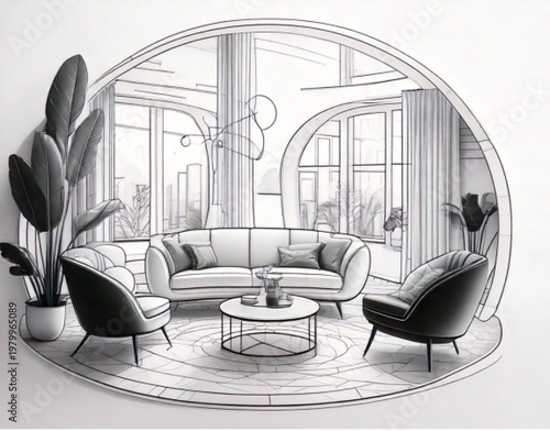 Modern living room interior design with comfortable seating and plants.