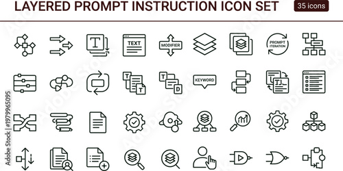 Layered prompt instruction outline icon set with workflow hierarchy configuration automation symbols for dashboards apps presentations web interface development systems