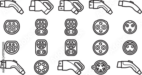 A comprehensive collection of EV charging plugs, presented as a black and white line drawing. highlighting the different styles and connectors.