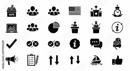 Collection of black silhouette icons related to United States elections, government politics, voting process, data analysis charts, public speaking and communication tools.