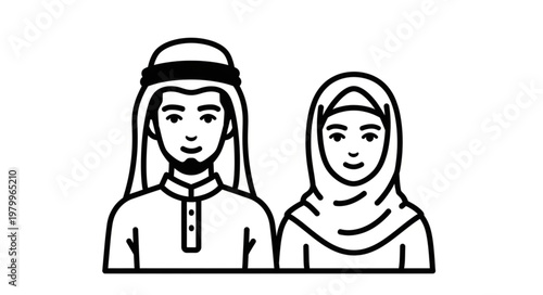 Illustration of an Arab couple in traditional attire, black and white.
