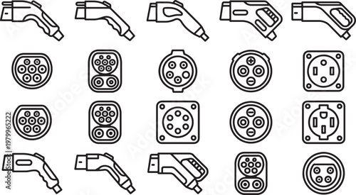Illustrative depiction of Electric vehicle charging station connector types, ideal for use in infographics or educational materials. 