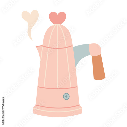 Retro style moka pot coffee maker with heart decoration and steam. Cute pink kitchen appliance for home brewing concept. Trendy modern vector illustration isolated on white, hand drawn, flat design