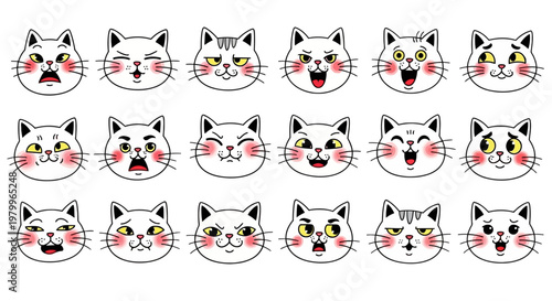 Kawaii cat emoji collection with 18 unique expressions, cute white kitten face icons set, funny feline character avatars for social media stickers