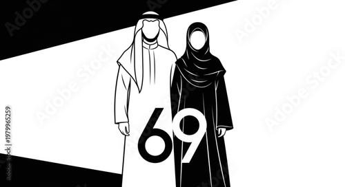 Illustration of Arab couple with the number 69 in the middle.