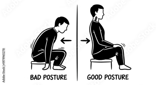 Illustration of Bad Posture vs Good Posture Sitting.