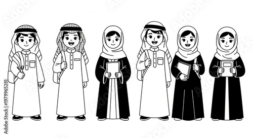 Illustration of children in traditional Arab clothing holding books.