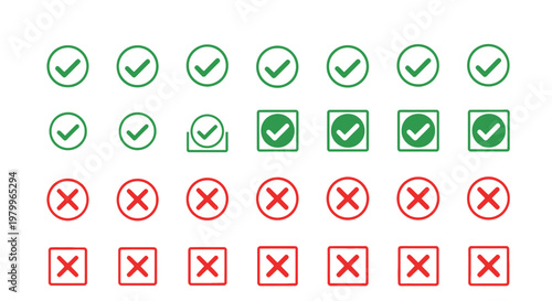 Minimalist check mark and cross icon set, green tick and red x symbols for validation, 28 vector elements for interface design and surveys