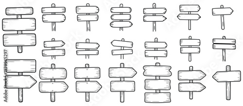 A collection of wooden signs on poles Vector