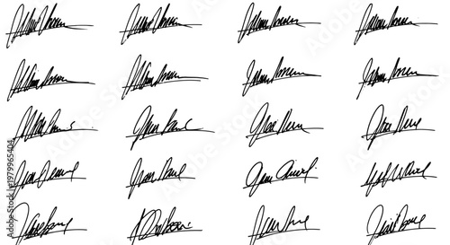 Handwritten signature collection, set of 20 black ink autograph vector elements, realistic cursive script strokes on white background