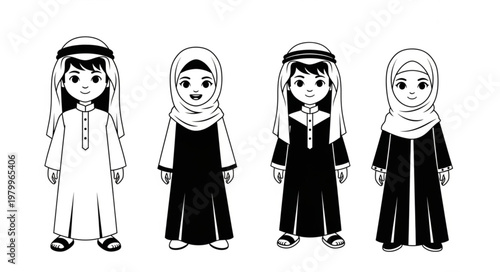 Illustration of four children in traditional Arab clothing, black and white.