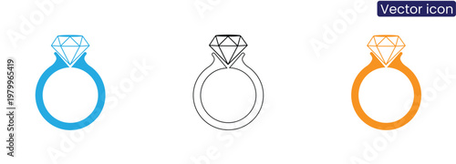 Vector icons of diamond rings in blue, black, and orange on white background, ideal for engagement, wedding, or luxury concepts
