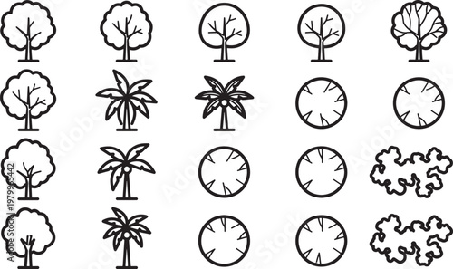 Collection of tree illustrations. Ideal for landscape design, environmental themes, or educational materials, these graphic elements offer versatility and visual appeal.