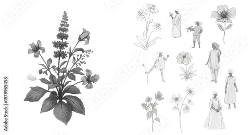 Vintage botanical illustration set, hand drawn floral bouquet and people sketches, monochrome garden elements vector collection for wedding stationery