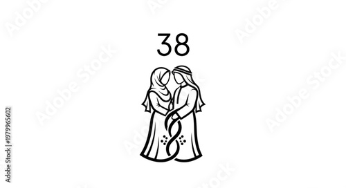Illustration of two people embracing with the number 38 above them.