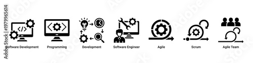 Agile Development devops banner with programming,software engineering and scrum workflow icons for modern development process