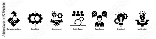 Team Collaboration devops banner with teamwork,feedback and communication icons for agile culture and team synergy