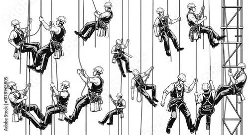 Illustration of workers rappelling down a building facade.
