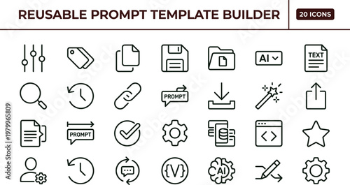 Reusable prompt template builder outline icon set with configuration workflow automation editing symbols for dashboards apps presentations web interface development systems