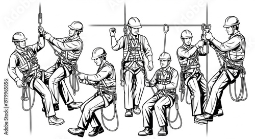 Illustration of workers using safety harnesses and ropes for height safety.
