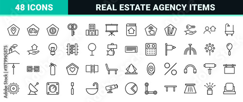 Real estate line icons for property management and housing agency