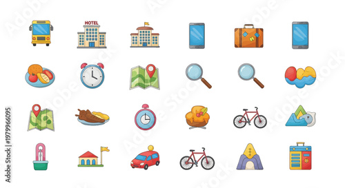 Travel and tourism icon set, 24 colorful vacation vector elements, cartoon style holiday symbols for trip planning and navigation apps