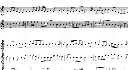 Classical music sheet with black notes on white background, musical notation with treble clef and staves, melodic score for orchestral performance