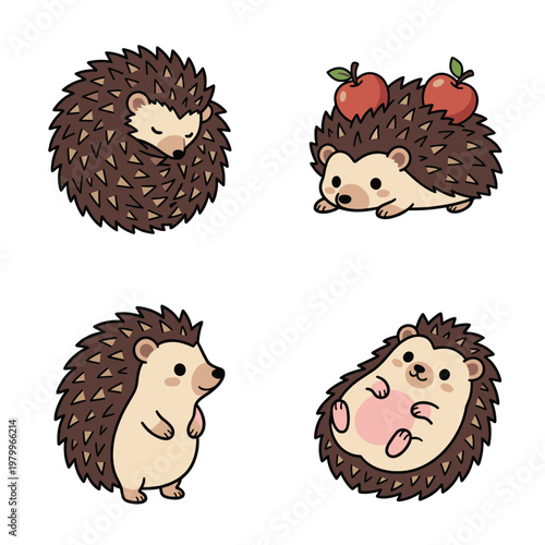 Adorable Hedgehog Character Poses Set with Little Animal Sleeping Walking Standing and Carrying Red Apples on Spines Illustration Vector
