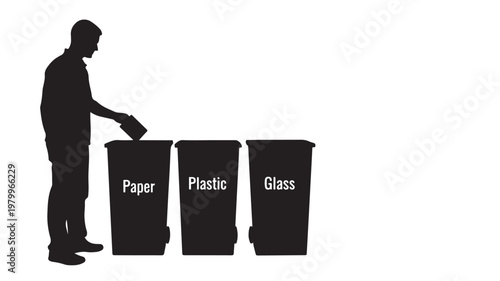 Recycling bins for paper plastic and glass, eco concept