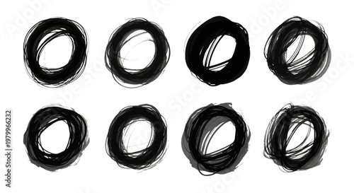 Tableau sur toile Hand drawn black ink circle set, 8 messy scribble ring vectors, grunge charcoal