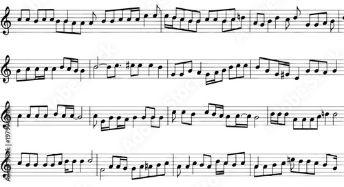 Classical music sheet with black notes on white background, musical notation with treble clef and staves, melodic score for orchestral performance