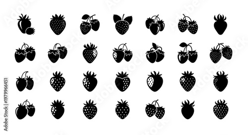 Collection of assorted berry icons including strawberries blueberries raspberries and blackberries in black silhouette on white background