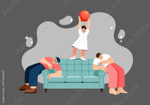 Exhausted People Slumping on Sofa with Energetic Woman Holding Fitness Ball Illustration