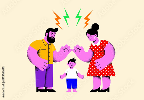 Angry Parents Arguing and Fighting in Front of Their Son, Domestic Conflict and Childhood Trauma Vector Illustration
