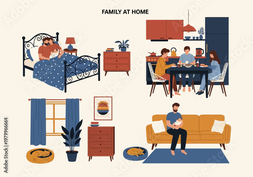 Family Life at Home Vector Set: Parents with Newborn, Dining Together, and Living Room Scenes with Pets and Interior Furniture