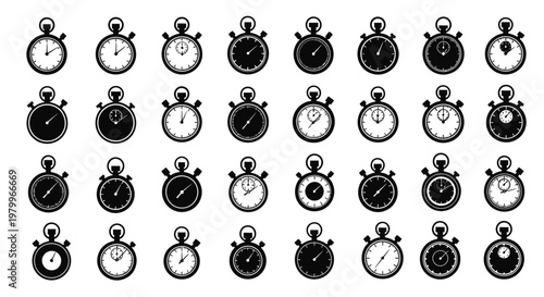 Collection of vintage stopwatch icons in black and white various times organized