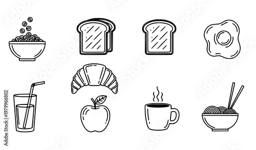 Black and white outline breakfast icon collection with cereal toast egg croissant juice apple coffee and noodles