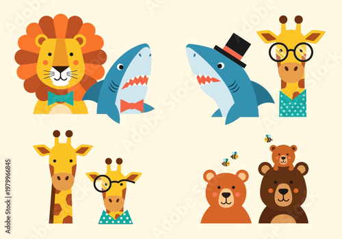 Cute Cartoon Animal Characters Collection with Lion, Shark, Giraffe, and Bears in Flat Design Style