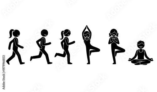 Black silhouette stick figures showing daily movement exercise yoga and meditation sequence icon collection
