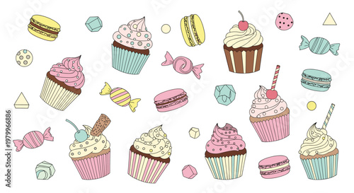 Delightful collection of hand-drawn sweets includes various flavored cupcakes, colorful macarons, and hard candies with geometric confetti.