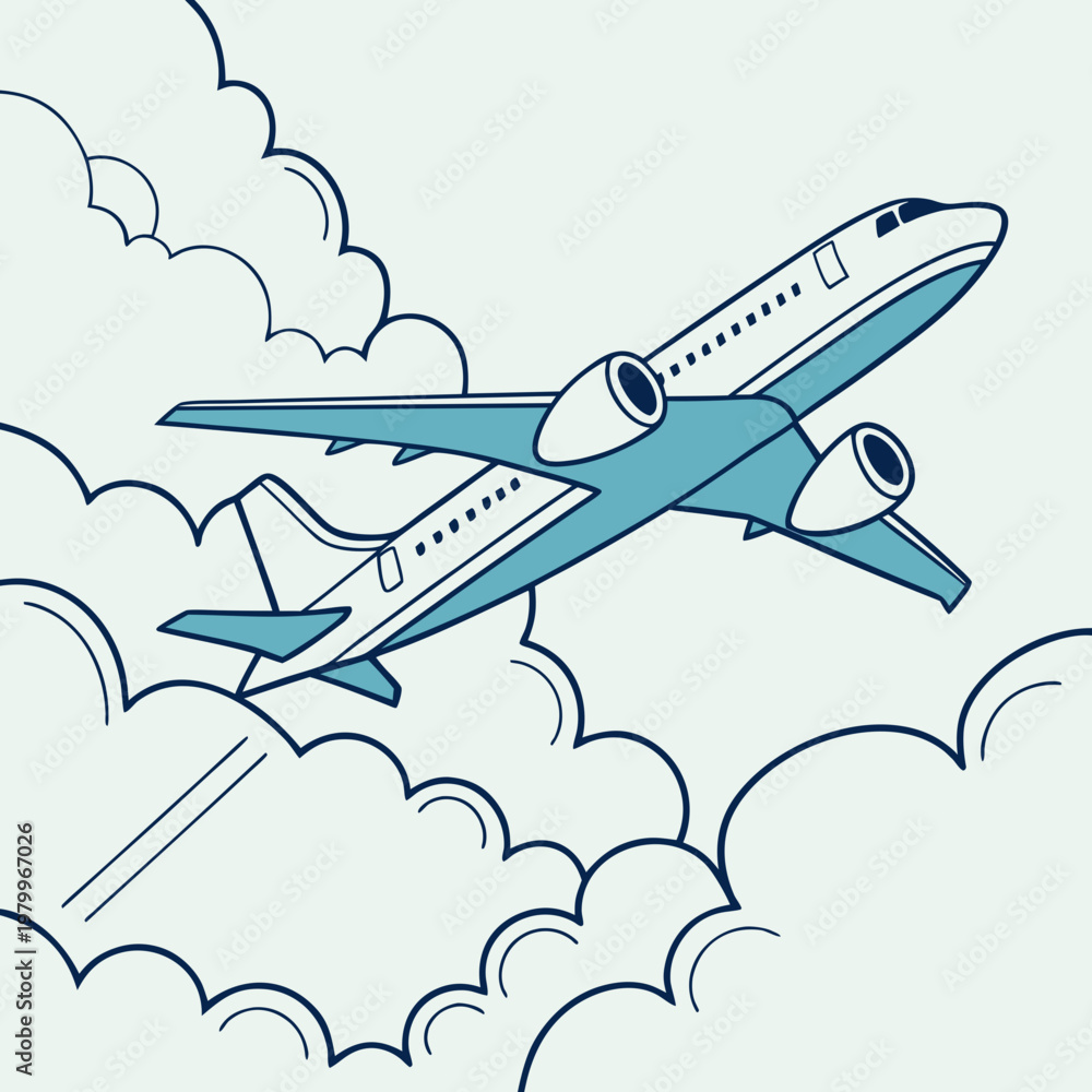 Naklejka premium A blue and white airplane flying through the clouds